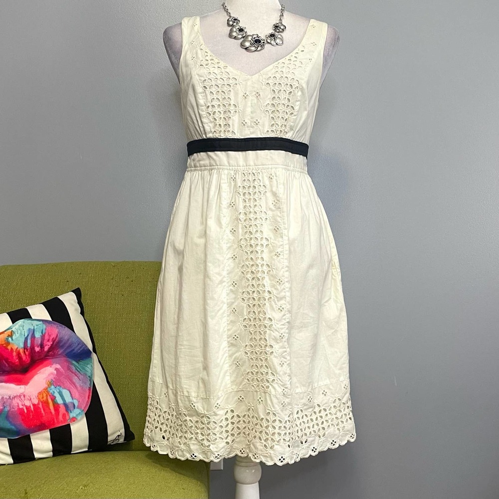 Edme & Esyllte Anthropologie Camilla Cream Eyelet Sleeveless Belted Dress